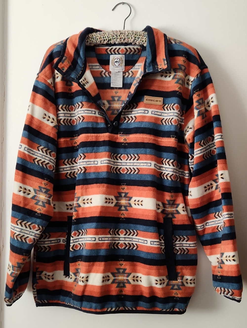 Cinch Orange Navy Cream Southwestern Fleece Pullover